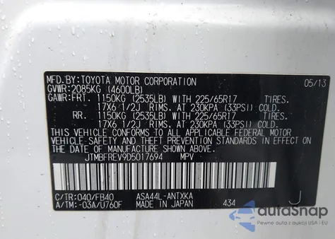 2013 Toyota Rav4 Le из США, поврежденный, VIN JTMBFREV9D5017694